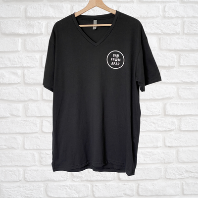 Black v-neck t-shirt with bar from afar logo