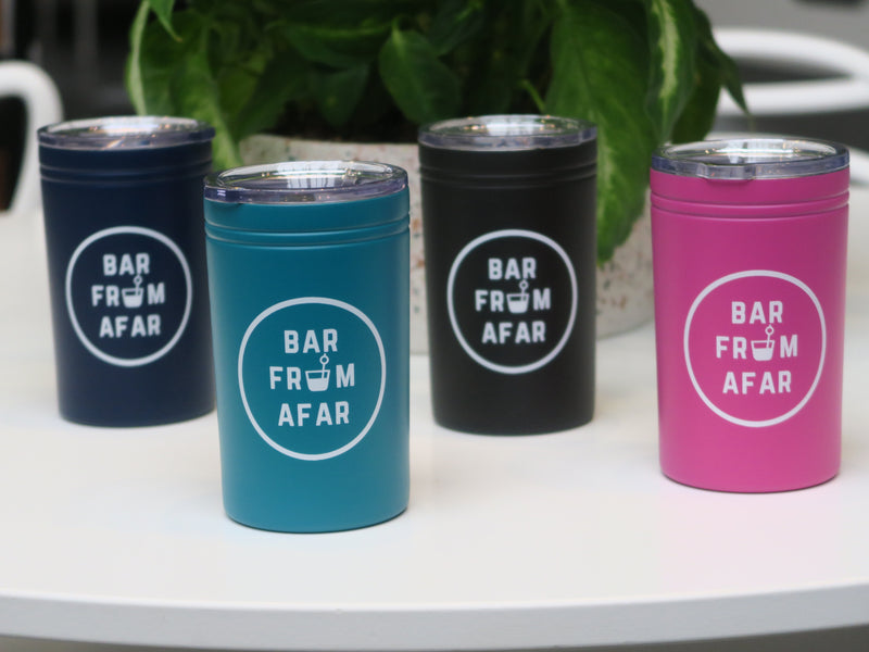 4 Tumbler in picture, 2 black, 1 teal, 1 pink, with bar from afar logos on them