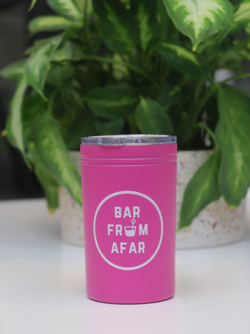 Pink tumbler with bar from afar logo