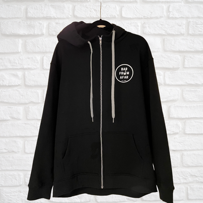 Black hoodie, with bar from afar logo 