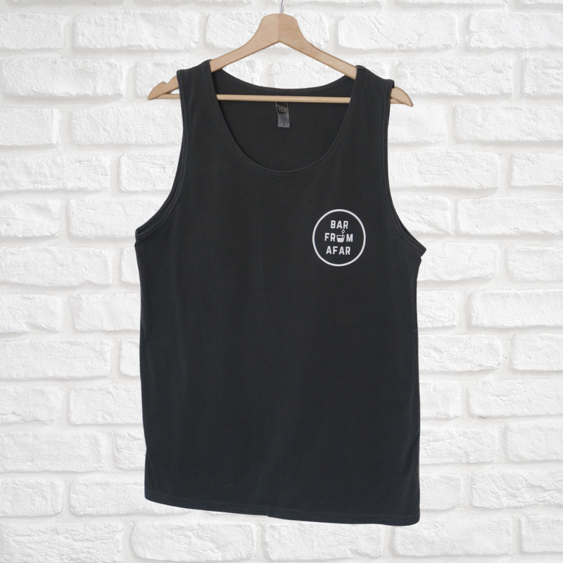 Black crew neck tank top with Bar from afar logo